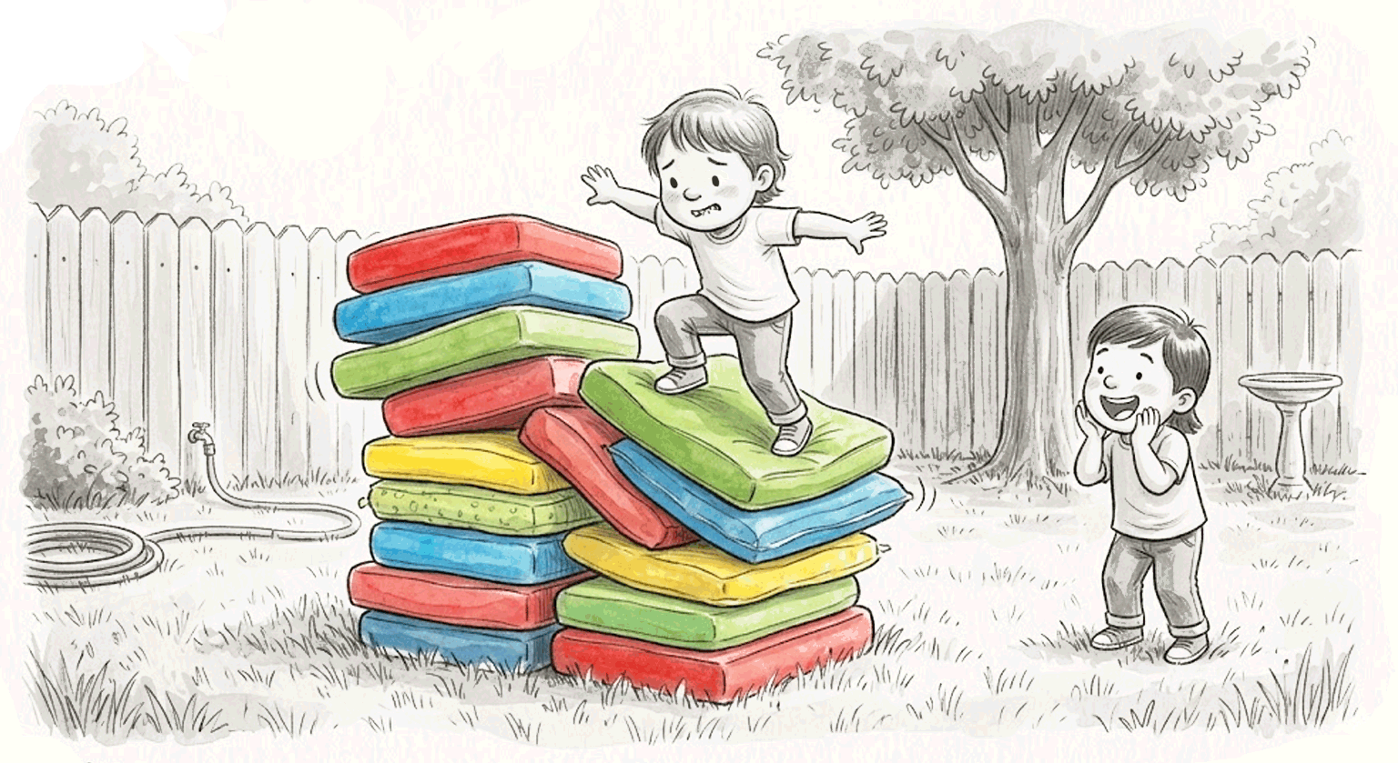 A child climbing a wobbly stack of colorful outdoor cushions while another child watches as the mountaineer