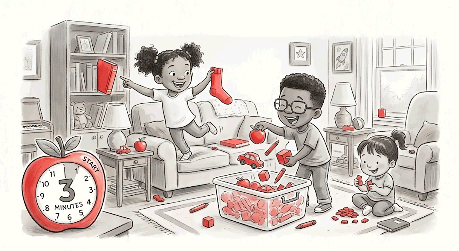 Kids playing Color Scavenger Hunt, collecting red objects into a bin