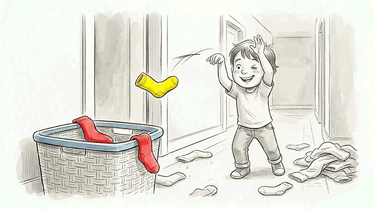 A child throwing a yellow sock into a laundry hamper with red socks already inside