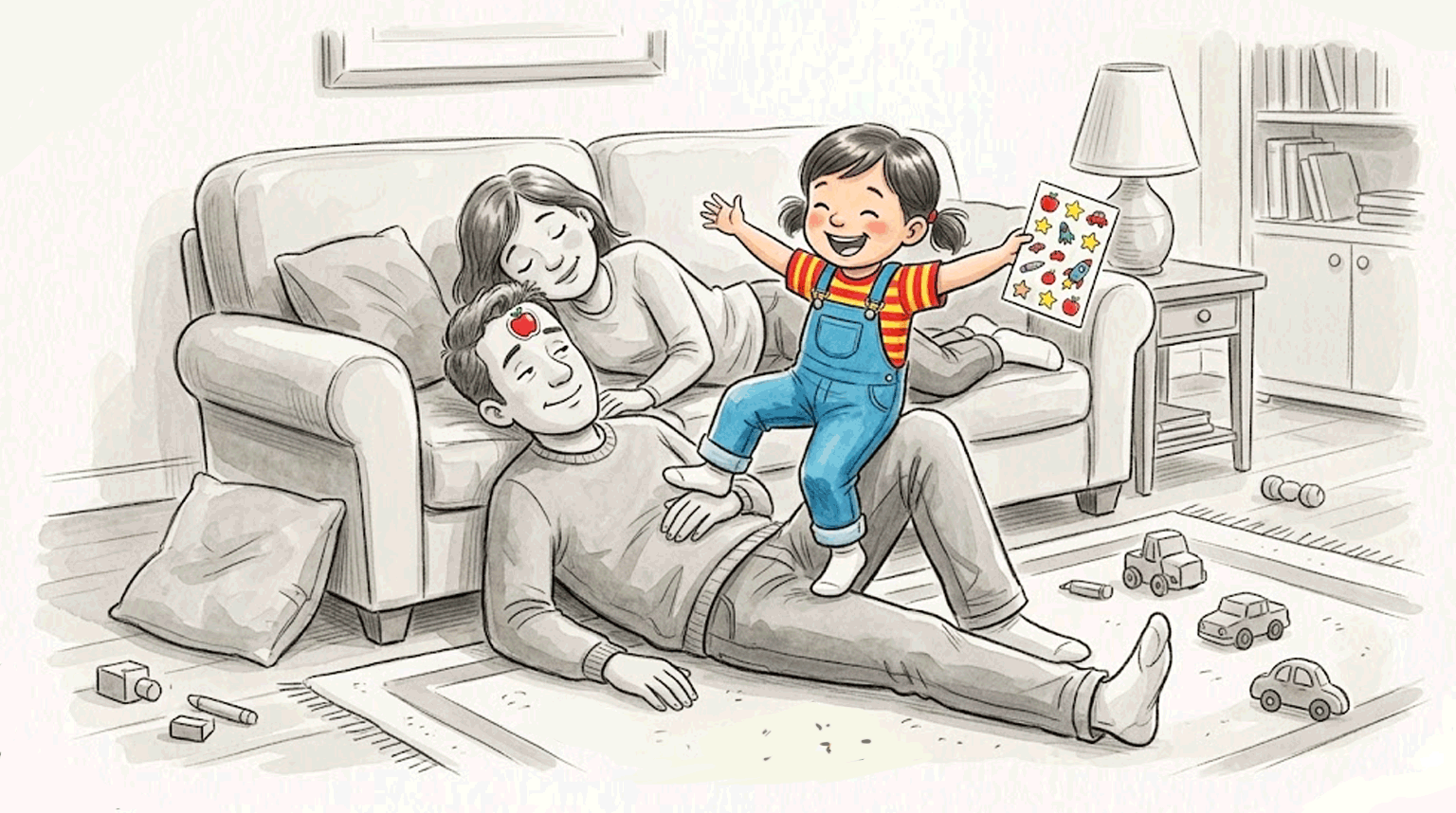 A child climbing over a parent lying on the floor while trying to stick a sticker on their forehead