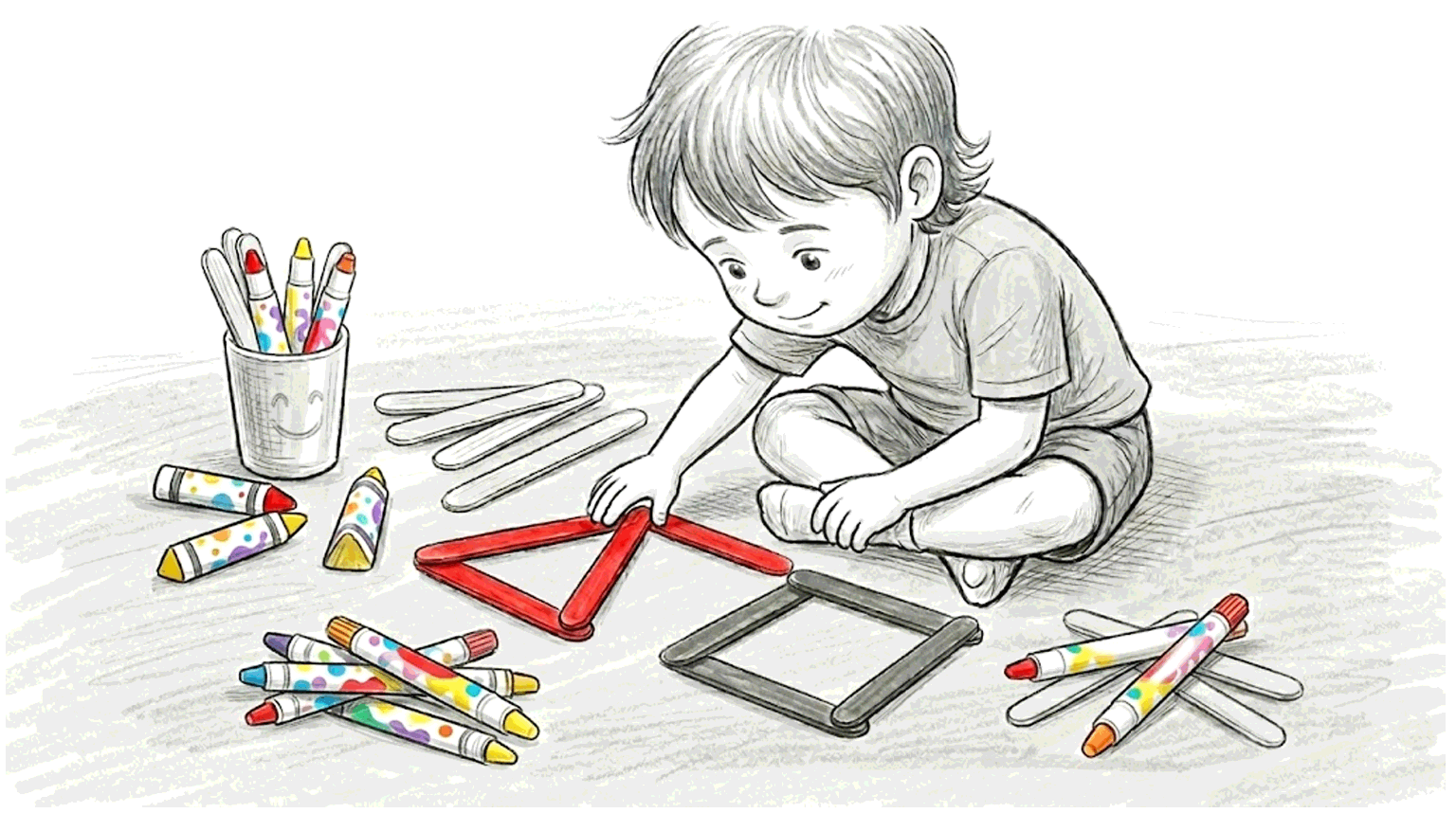 A child arranging colorful craft sticks into geometric shapes on the floor