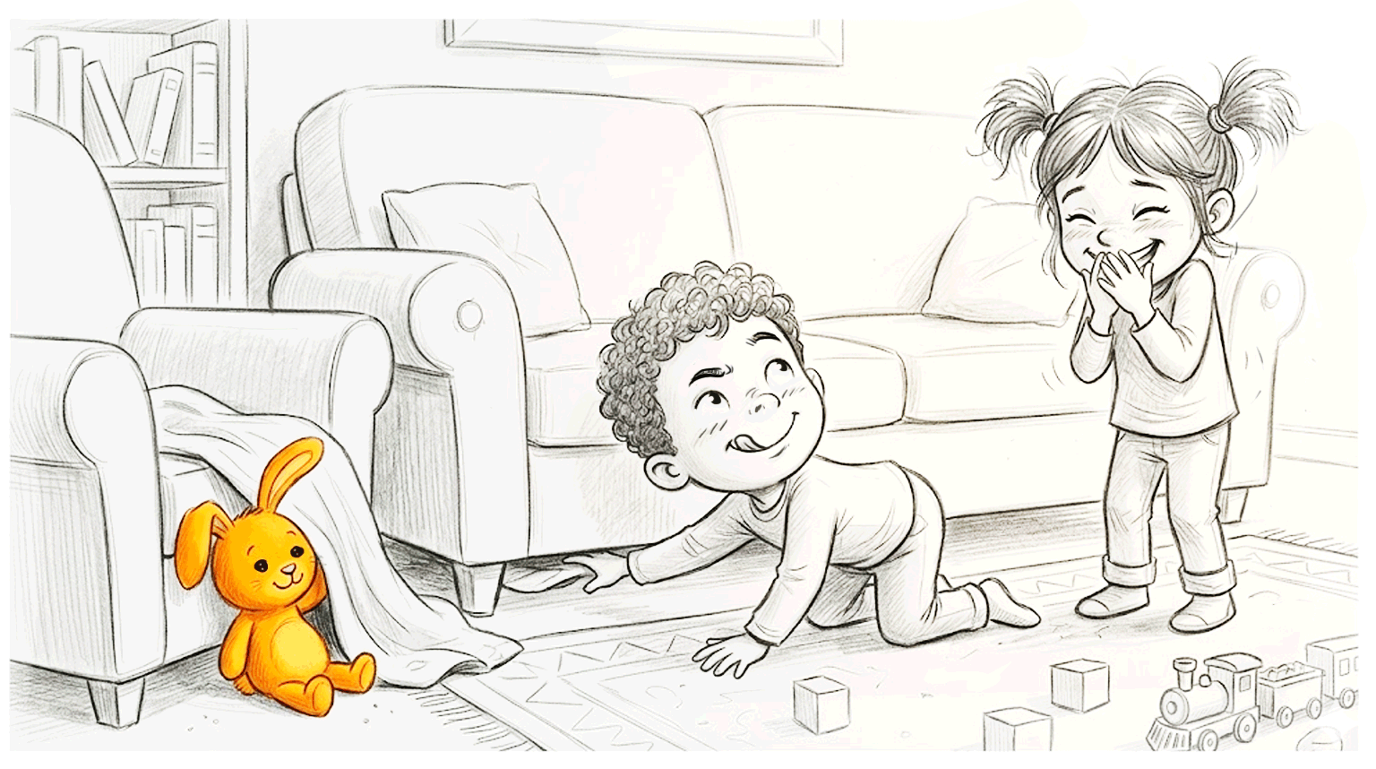 A child crawling toward a hidden orange stuffed bunny while another child laughs nearby