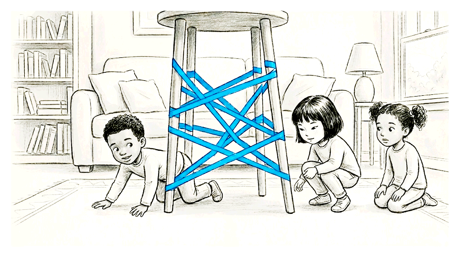 Three children navigating a blue tape spider web strung between stool legs