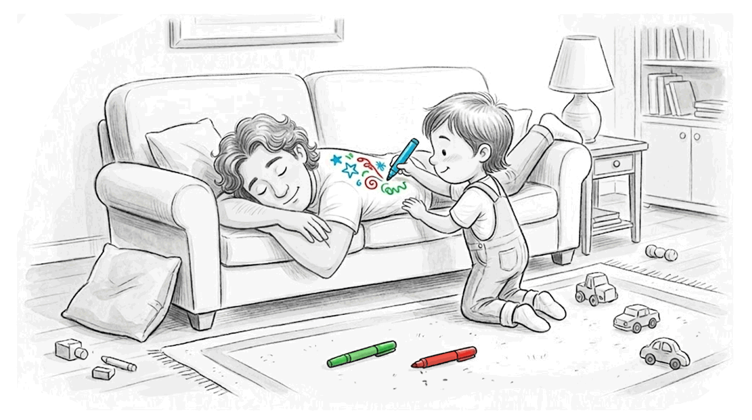 A child drawing on a parent's back with body markers while the parent relaxes